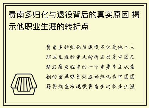 费南多归化与退役背后的真实原因 揭示他职业生涯的转折点