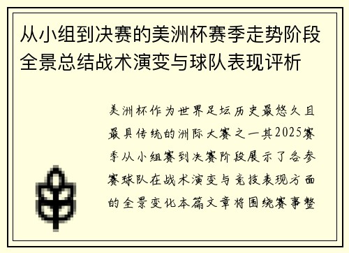 从小组到决赛的美洲杯赛季走势阶段全景总结战术演变与球队表现评析