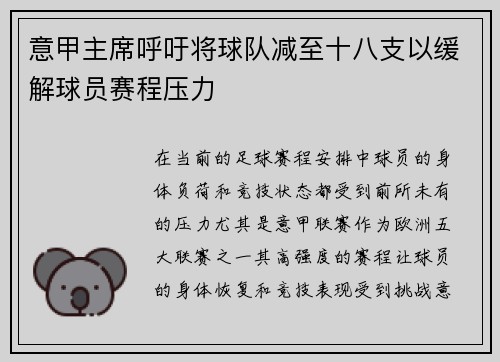 意甲主席呼吁将球队减至十八支以缓解球员赛程压力