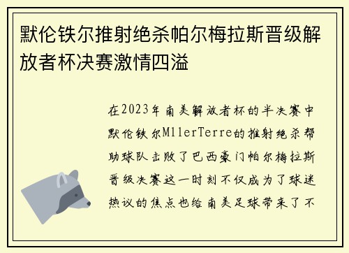 默伦铁尔推射绝杀帕尔梅拉斯晋级解放者杯决赛激情四溢